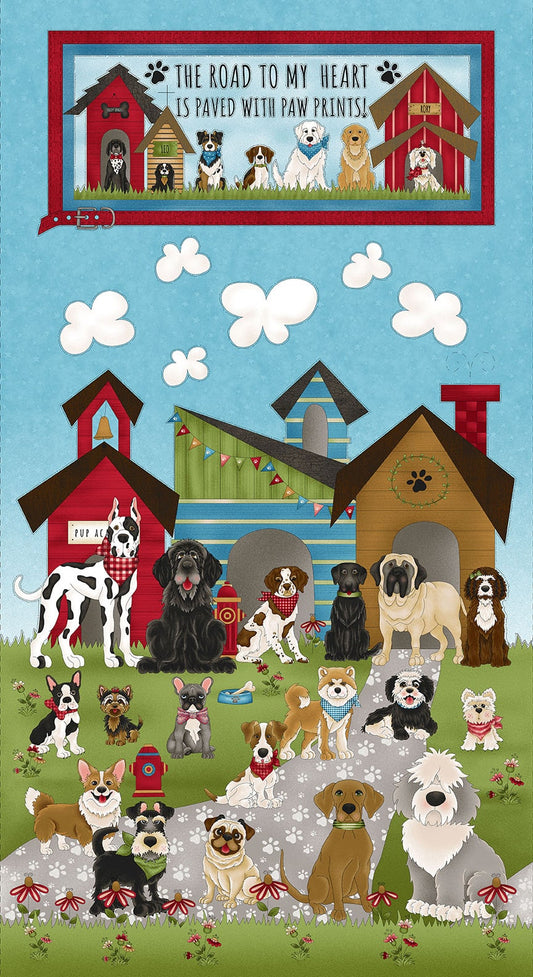 Home is Where the Dog is II Dog Family Panel Blue 1868P-11 Henry Glass Fabrics