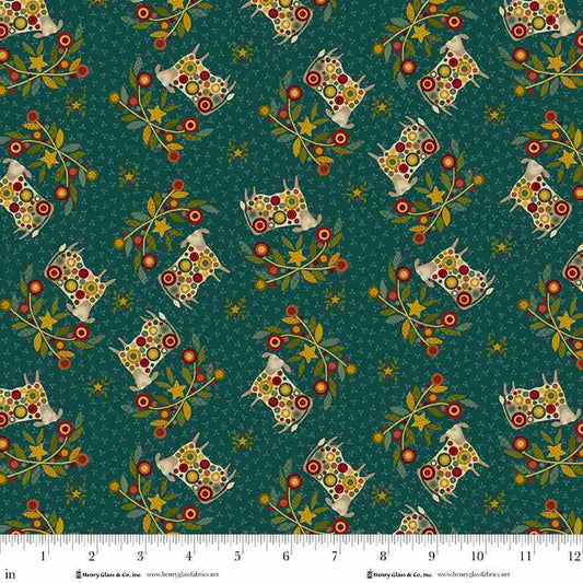 Pennyberry Farm Deep Teal Cows 2002-77 by Kim Diehl for Henry Glass Fabrics (sold in 25cm increments)
