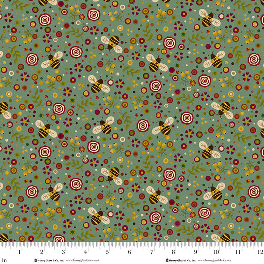 Pennyberry Farm Medium Teal Bees 2010-77 by Kim Diehl for Henry Glass Fabrics (sold in 25cm increments)