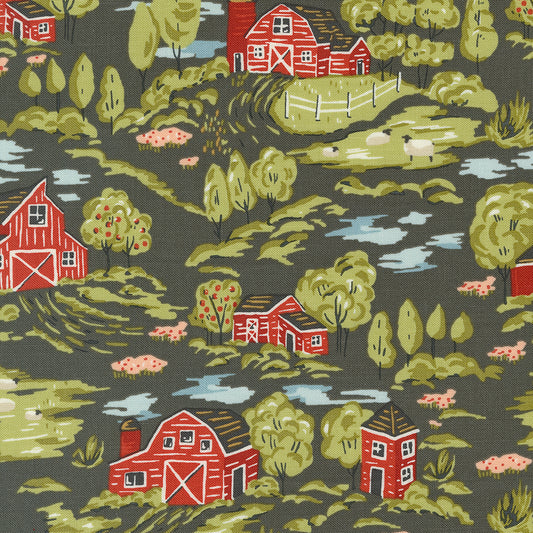 Farmstead Vintage Farm Scene Charcoal M2090116 by Stacy Iest Hsu for Moda fabrics (sold in 25cm increments)