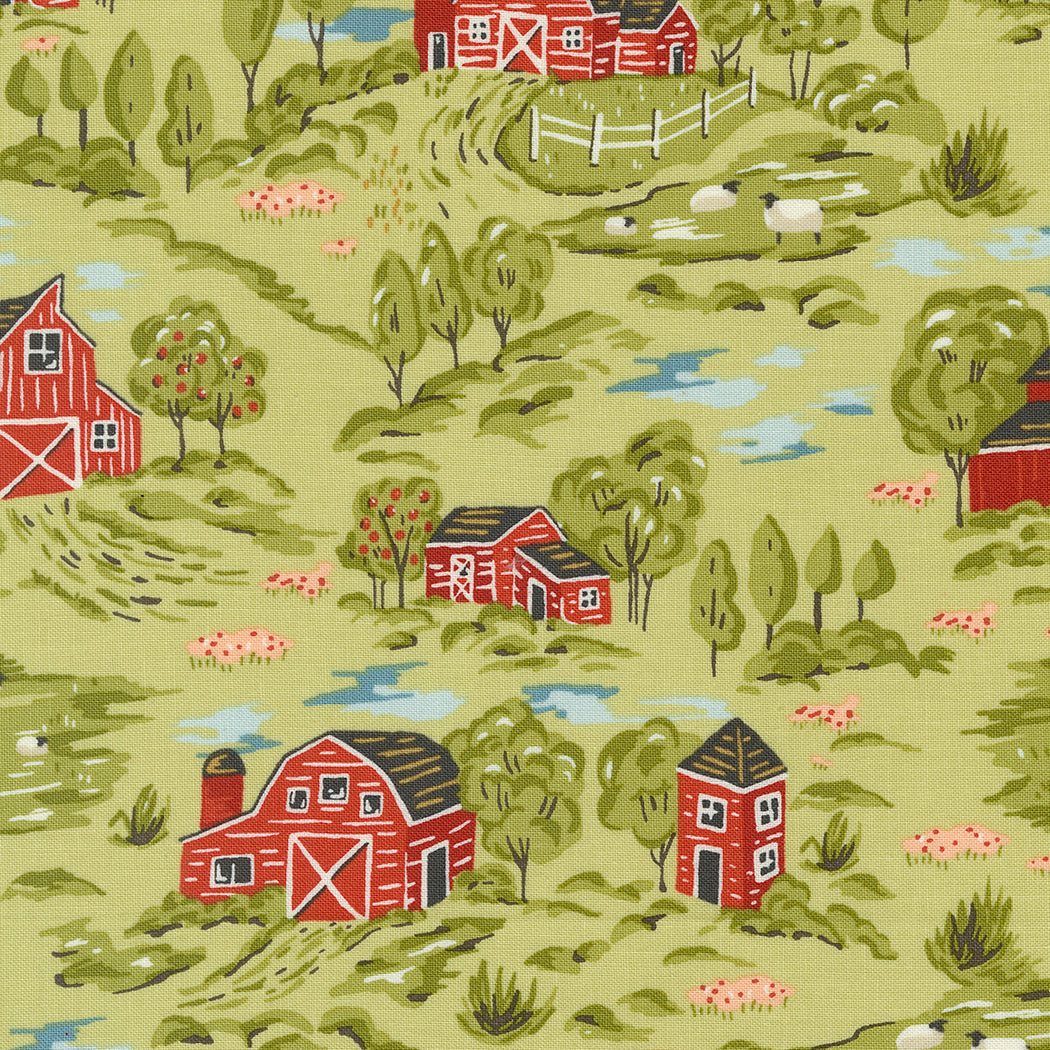 Farmstead Vintage Farm Scene Celery M2090117 by Stacy Iest Hsu for Moda fabrics (sold in 25cm increments)