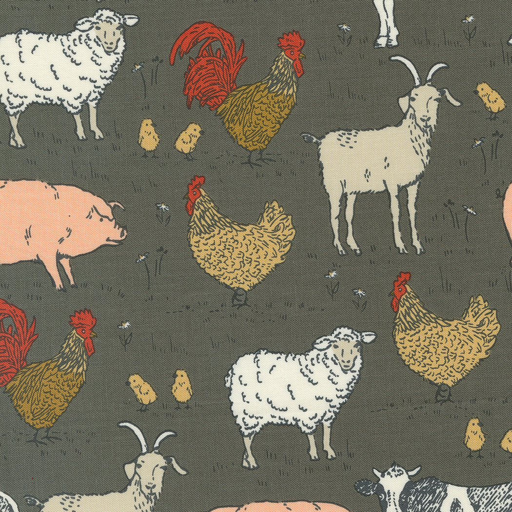 Farmstead Vintage Farm Animals Charcoal M209316 by Stacy Iest Hsu for Moda fabrics (sold in 25cm increments)