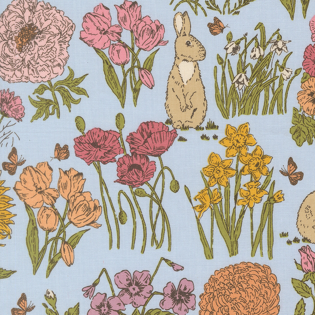 My Secret Garden Garden Bunnies Sky M2098220 by Stacy Iest Hsu for Moda Fabrics (sold in 25cm increments)