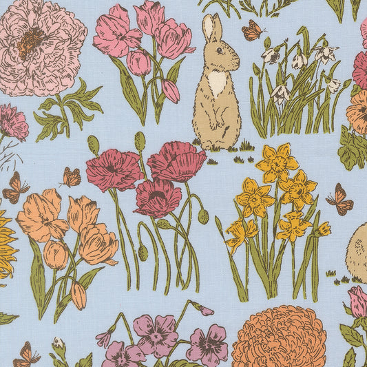 My Secret Garden Garden Bunnies Sky M2098220 by Stacy Iest Hsu for Moda Fabrics (sold in 25cm increments)