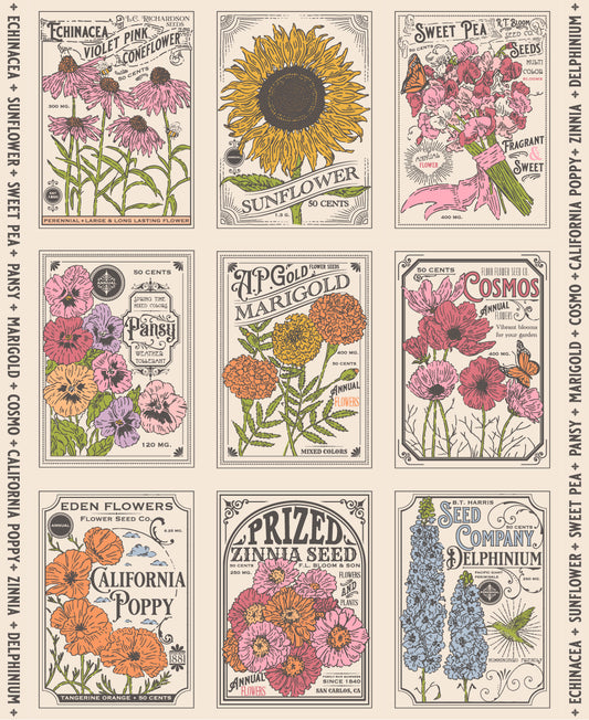 My Secret Garden Vintage Seed Packet Panel M2098811 by Stacy Iest Hsu for Moda Fabrics