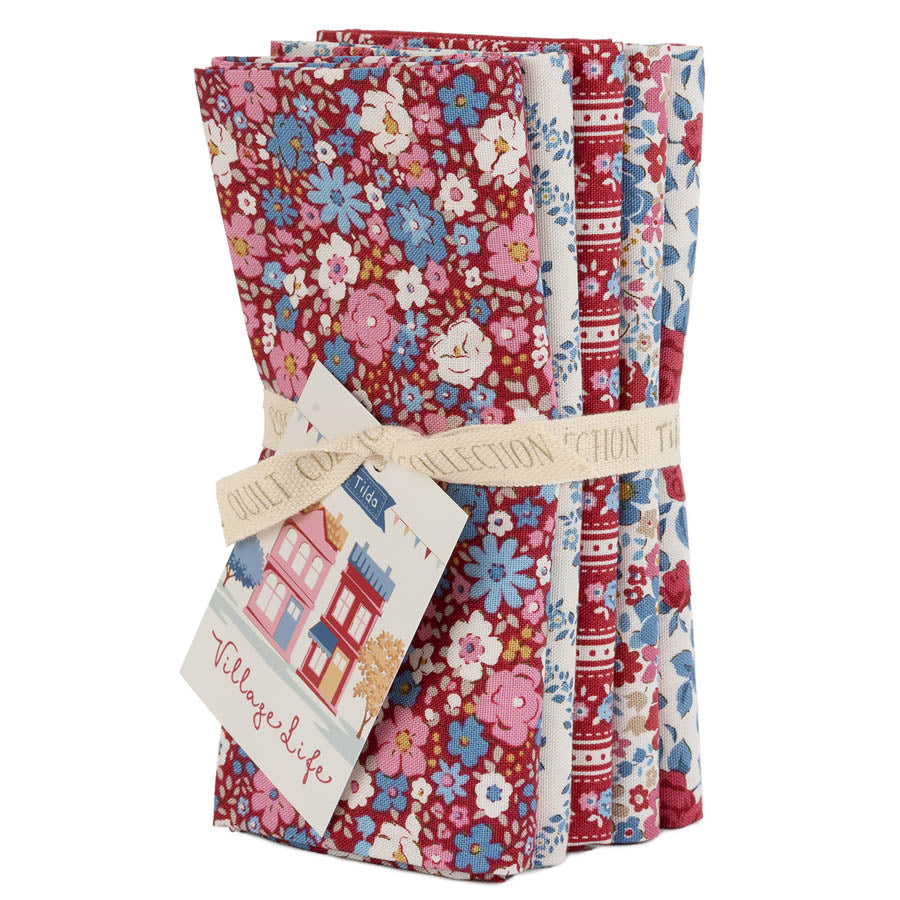 Tilda Village Life Burgundy Fat Quarter Bundle by Tilda