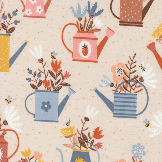 Blossoms and Blooms Watering Cans Pearl M3905011 by Elena Amo for Moda Fabrics (sold in 25cm increments)