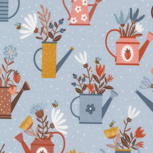 Blossoms and Blooms Watering Cans Powder Blue M3905019 by Elena Amo for Moda Fabrics (sold in 25cm increments)