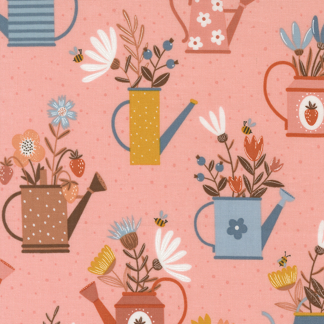 Blossoms and Blooms Watering Cans Petal M3905015 by Elena Amo for Moda Fabrics (sold in 25cm increments)