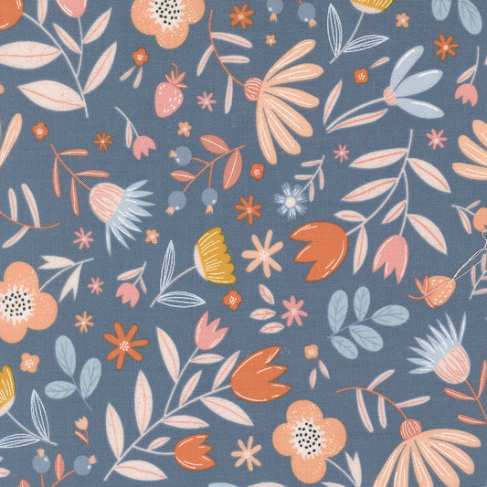 Blossoms and Blooms Flowers Denim M3905121 by Elena Amo for Moda Fabrics (sold in 25cm increments)