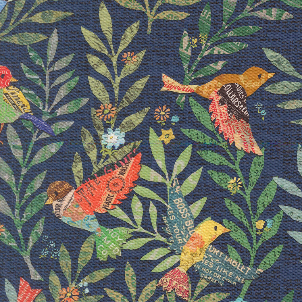 Paper Hamlet Birdy Newspaper Midnight M3956018 by Cathe Holden for Moda fabrics (sold in 25cm increments)