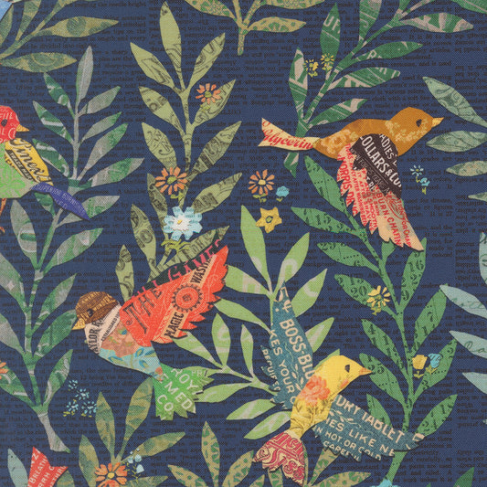 Paper Hamlet Birdy Newspaper Midnight M3956018 by Cathe Holden for Moda fabrics (sold in 25cm increments)