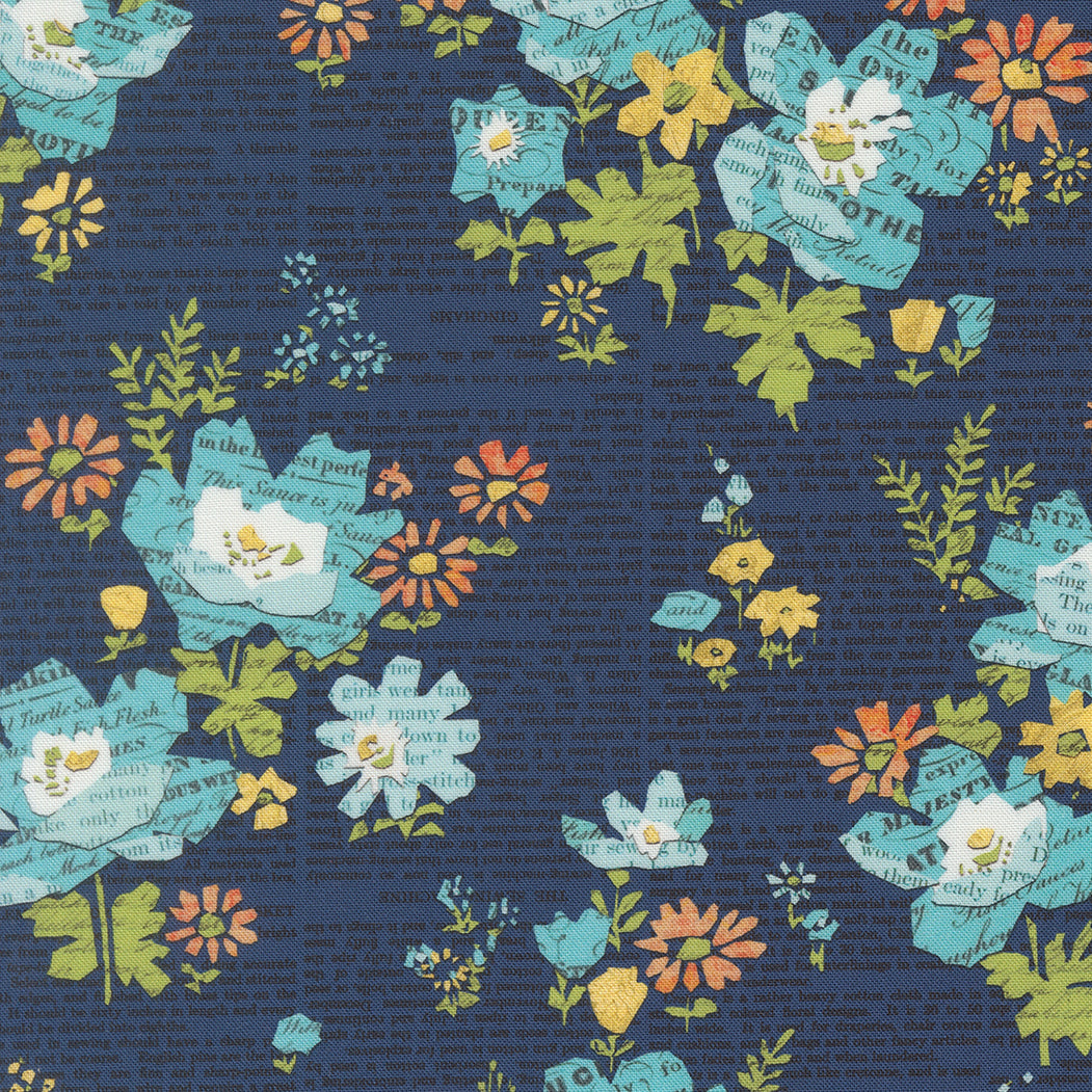 Paper Hamlet Florals Newspaper Midnight M3956118 by Cathe Holden for Moda fabrics (sold in 25cm increments)