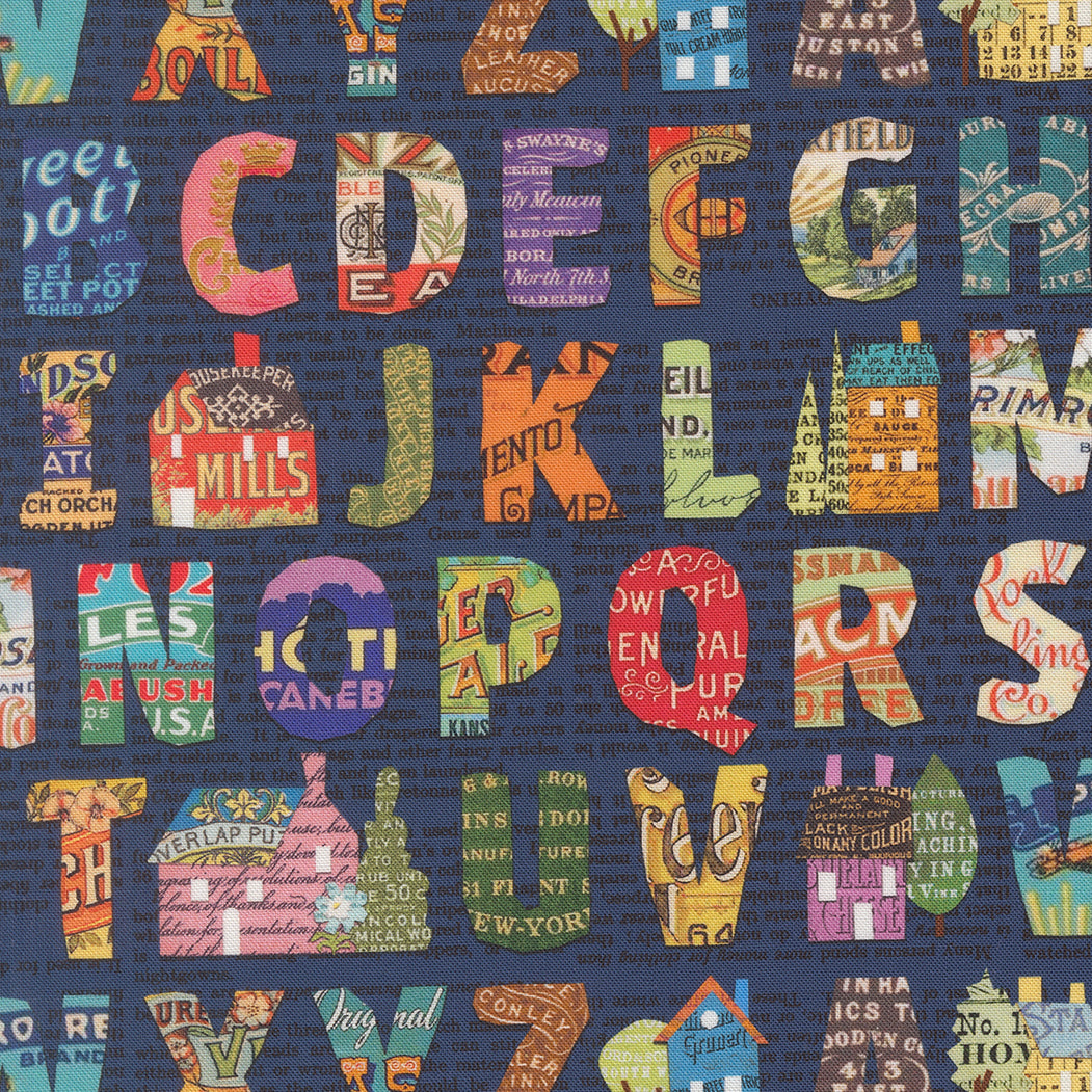 Paper Hamlet Alphabet Midnight M3956418 by Cathe Holden for Moda fabrics (sold in 25cm increments)
