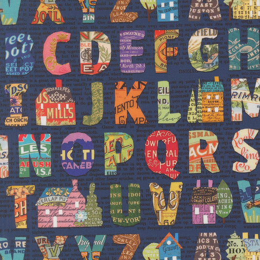 Paper Hamlet Alphabet Midnight M3956418 by Cathe Holden for Moda fabrics (sold in 25cm increments)