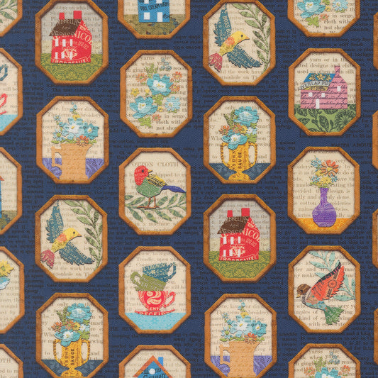 Paper Hamlet Frames Newspaper Midnight M3956518 by Cathe Holden for Moda fabrics (sold in 25cm increments)