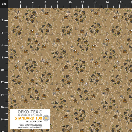 The Sweetest Embrace Khaki Acorns & Flowers 4514538 by Linette Jakobsen for Stoff Fabrics (sold in 25cm increments)