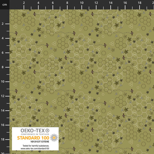 The Sweetest Embrace Green Flowers & Beehive 4514542 by Linette Jakobsen for Stoff Fabrics (sold in 25cm increments)