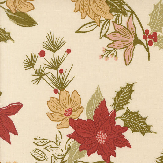 Old World Yuletide Festive Florals Metallic Eggshell M4562011M by Fancy That Design House for Moda Fabrics (sold in 25cm increments)