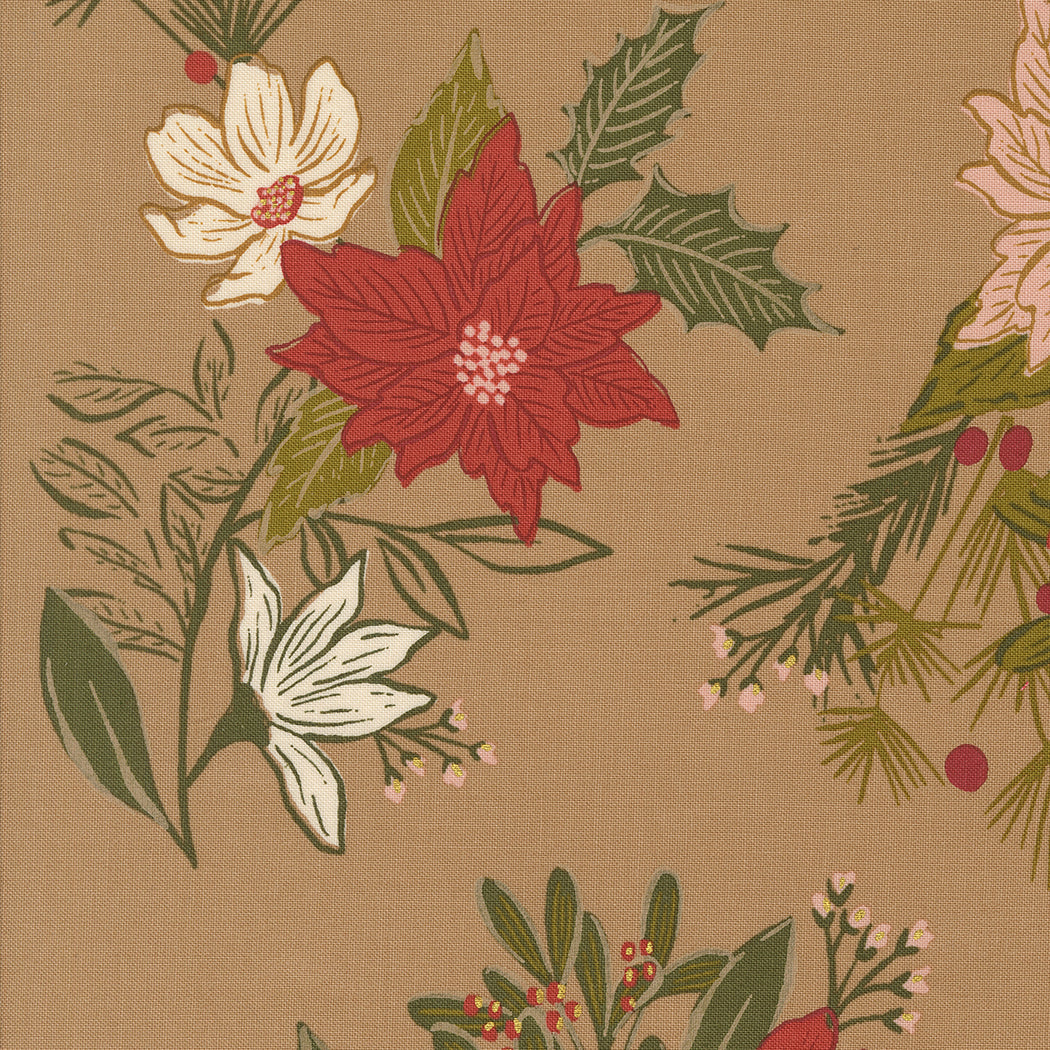 Old World Yuletide Festive Florals Metallic Mushroom M4562015M by Fancy That Design House for Moda Fabrics (sold in 25cm increments)