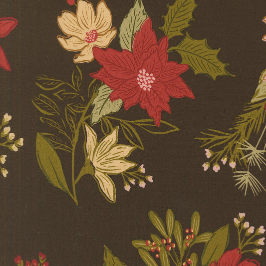 Old World Yuletide Festive Florals Metallic Espresso M4562016M by Fancy That Design House for Moda Fabrics (sold in 25cm increments)