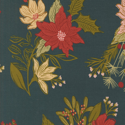 Old World Yuletide Festive Florals Metallic Midnight M4562026M by Fancy That Design House for Moda Fabrics (sold in 25cm increments)