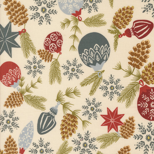 Old World Yuletide Branch Bauble Metallic Eggshell M4562111M  by Fancy That Design House for Moda Fabrics (sold in 25cm increments)
