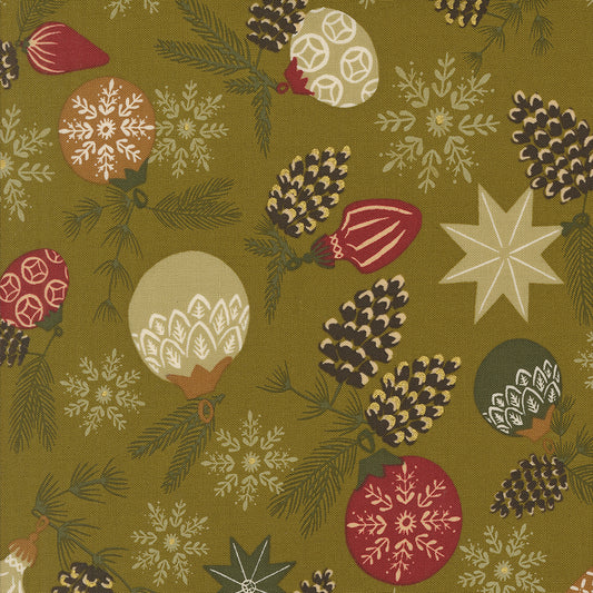 Old World Yuletide Branch Bauble Metallic Almond M4562112M by Fancy That Design House for Moda Fabrics (sold in 25cm increments)
