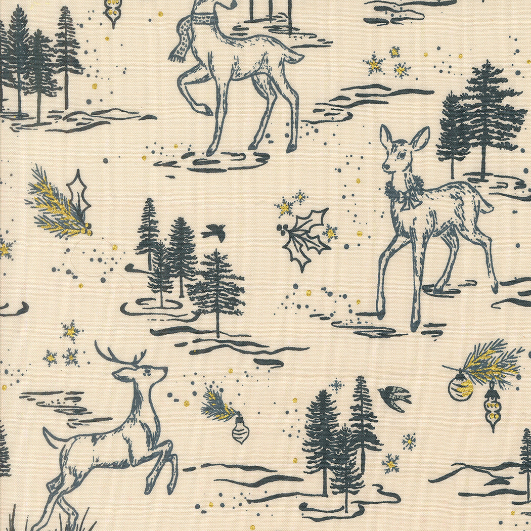 Old World Yuletide Metallic Oh Deer Toile Eggshell M4562211M by Fancy That Design House for Moda Fabrics (sold in 25cm increments)