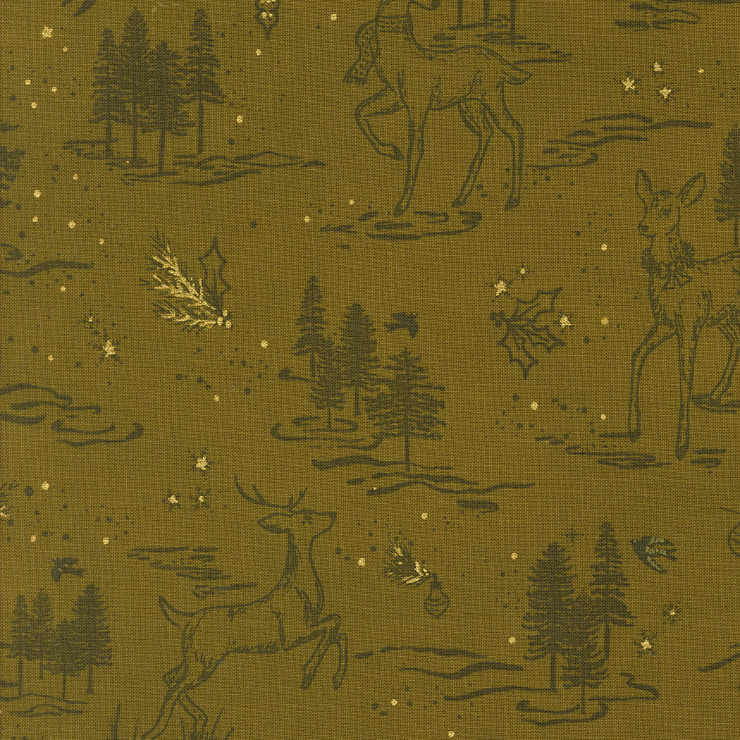 Old World Yuletide Metallic Oh Deer Toile Pickle M4562221M by Fancy That Design House for Moda Fabrics (sold in 25cm increments)