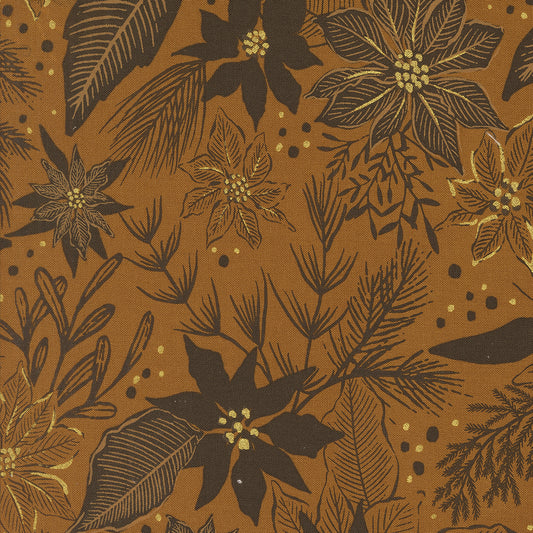 Old World Yuletide Metallic Poinsettia Sienna M4562314M by Fancy That Design House for Moda Fabrics (sold in 25cm increments)