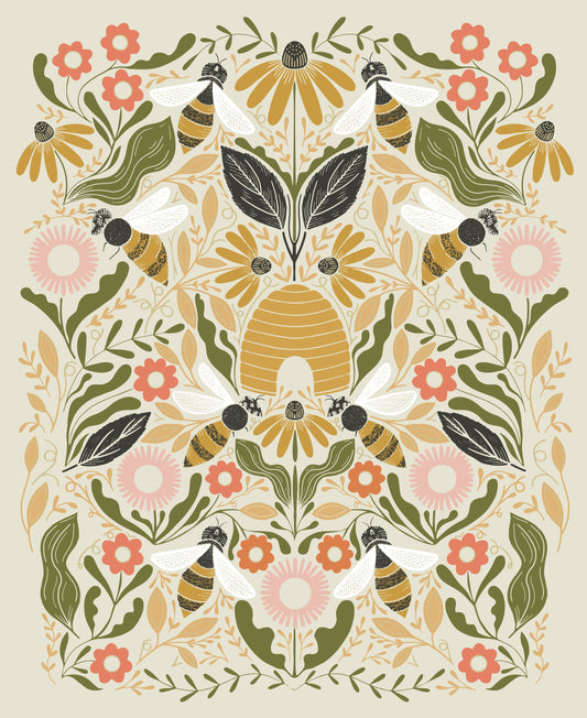 Bee Garden Panel Metallic Porcelain M4841811M by Gingiber for Moda Fabrics
