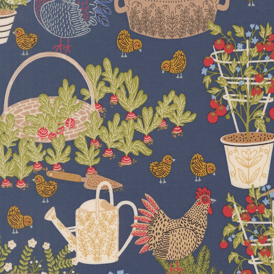 The Henhouse Chicken Garden Denim M4843018 by Gingiber for Moda Fabrics (sold in 25cm increments)