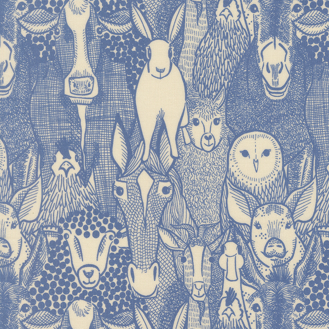 The Henhouse Barnyard Faces Cobalt M4843119 by Gingiber for Moda Fabrics (sold in 25cm increments)