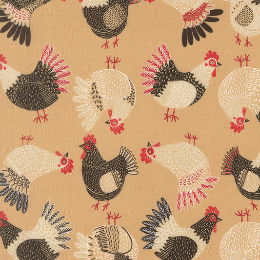 The Henhouse Tossed Chickens Hay M4843313 by Gingiber for Moda Fabrics (sold in 25cm increments)