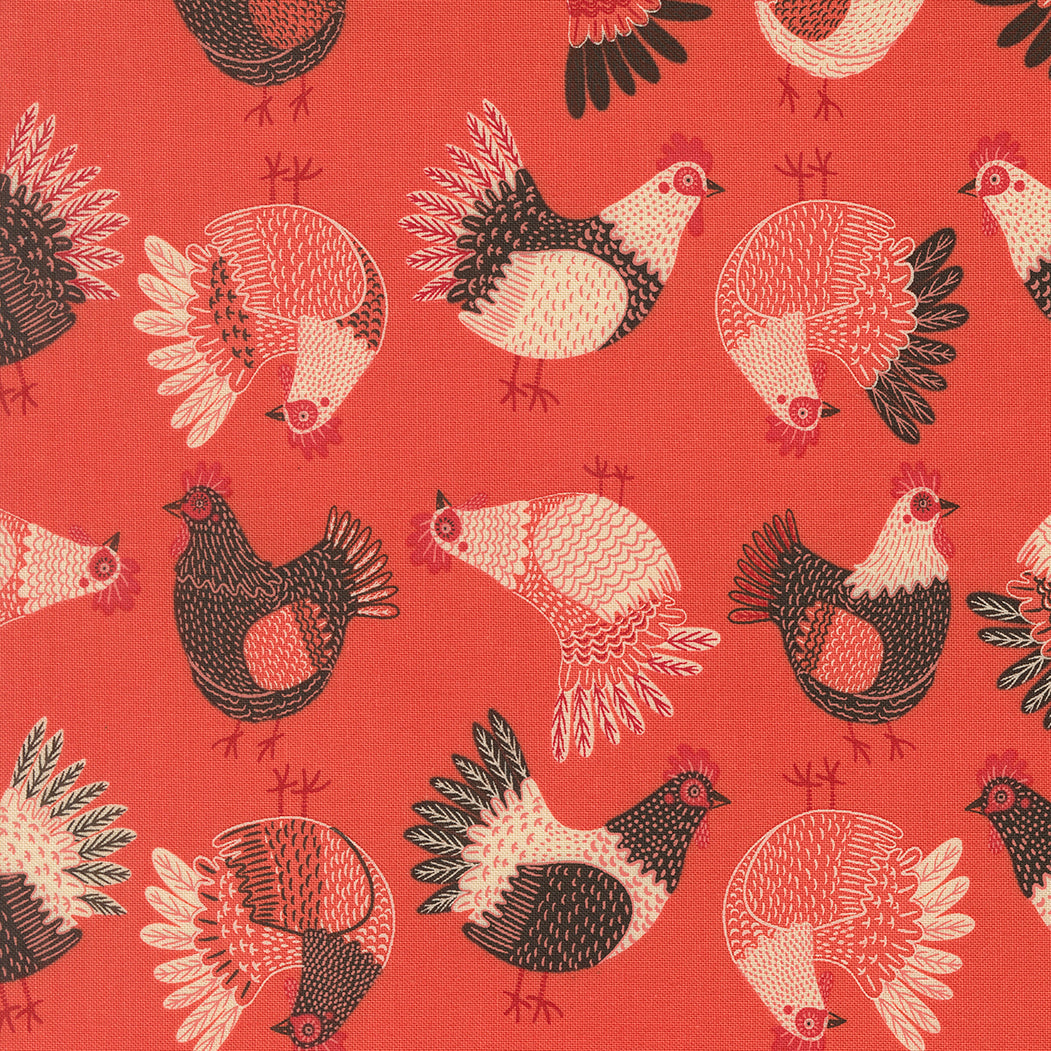 The Henhouse Tossed Chickens Tomato M4843317 by Gingiber for Moda Fabrics (sold in 25cm increments)