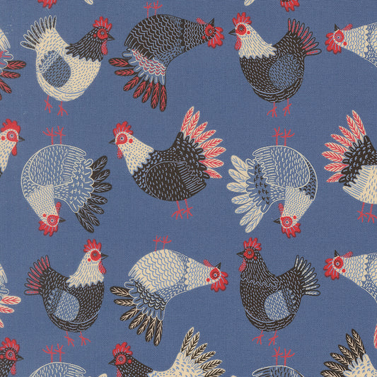The Henhouse Tossed Chickens Cobalt M4843319 by Gingiber for Moda Fabrics (sold in 25cm increments)