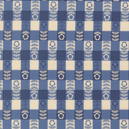 The Henhouse Flower Plaid Cobalt M4843617 by Gingiber for Moda Fabrics (sold in 25cm increments)