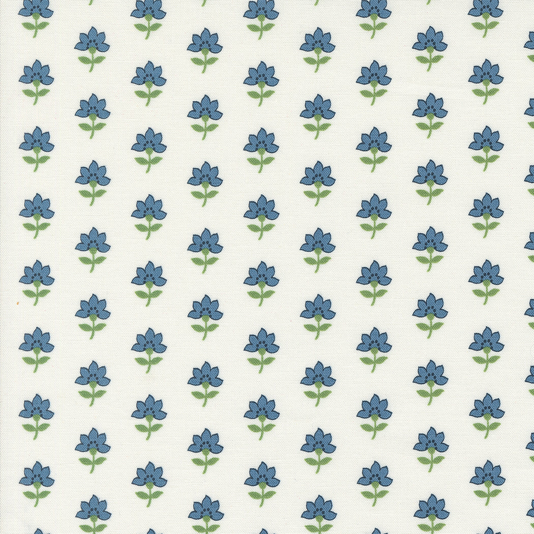 Fabric, Shoreline Camille Roskelley. Blue floral pattern with white background