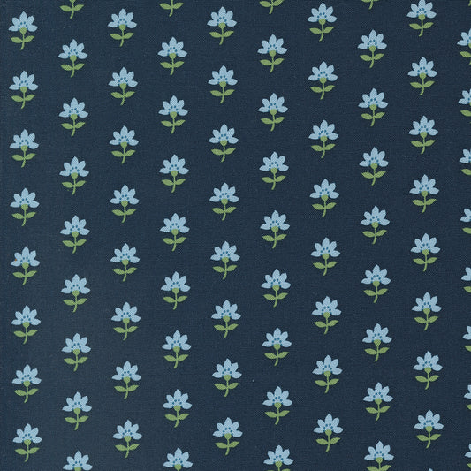 Fabric, Shoreline Camille Roskelley. Blue floral pattern with navy blue background.