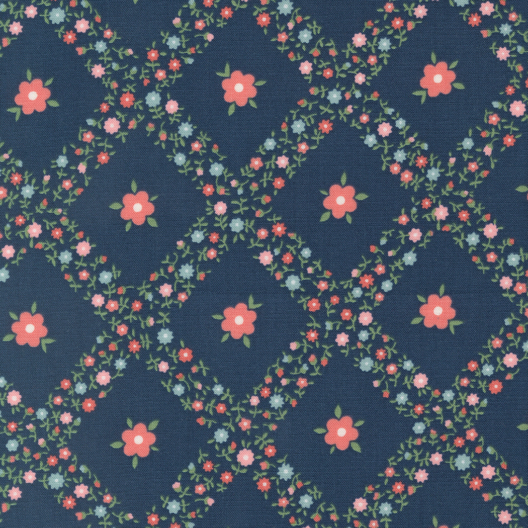Rosemary Cottage Navy Trellis Floral M5531114 by Camille Roskelley for Moda Fabrics (sold in 25cm increments)