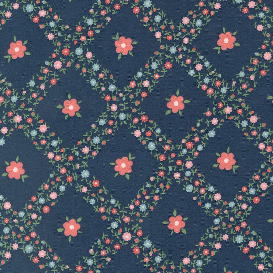 Rosemary Cottage Navy Trellis Floral M5531114 by Camille Roskelley for Moda Fabrics (sold in 25cm increments)