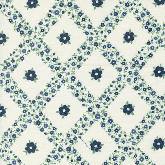 Rosemary Cottage Cream Navy Trellis Floral M5531124 by Camille Roskelley for Moda Fabrics (sold in 25cm increments)