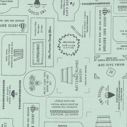 Main Street The Shops Text Sky M5564022 by Sweetwater for Moda Fabrics (sold in 25cm increments)