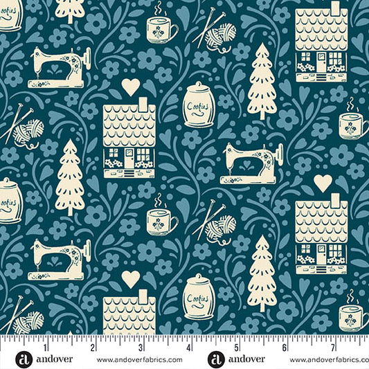 Cozy House Vignette Midnight A1251B by Judy Jarvi for Andover Fabrics (sold in 25cm increments)