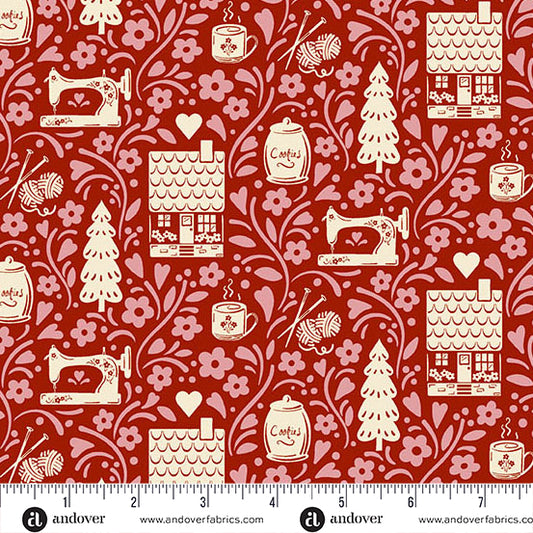 Cozy House Vignette Garnet A1251R by Judy Jarvi for Andover Fabrics (sold in 25cm increments)