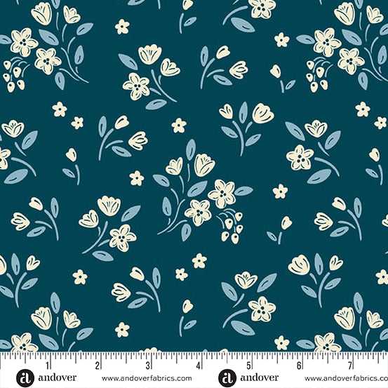 Cozy House Apple Blossom Midnight A1252B by Judy Jarvi for Andover Fabrics (sold in 25cm increments)