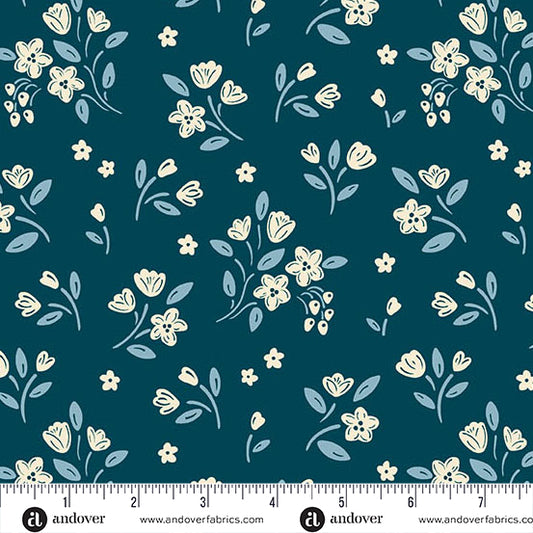 Cozy House Apple Blossom Midnight A1252B by Judy Jarvi for Andover Fabrics (sold in 25cm increments)