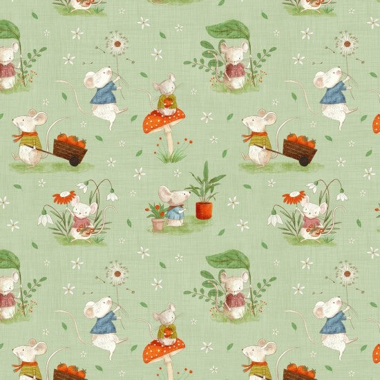 Whimsical Fields Mice Green 82130101 by Mel Armstrong for Nutex Fabrics (sold in 25cm increments)