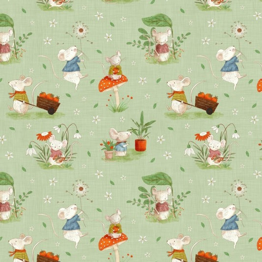 Whimsical Fields Mice Green 82130101 by Mel Armstrong for Nutex Fabrics (sold in 25cm increments)
